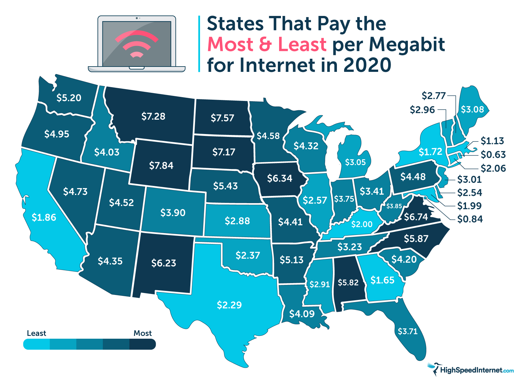 A map of the US that shows what every state pays for internet in 2020.