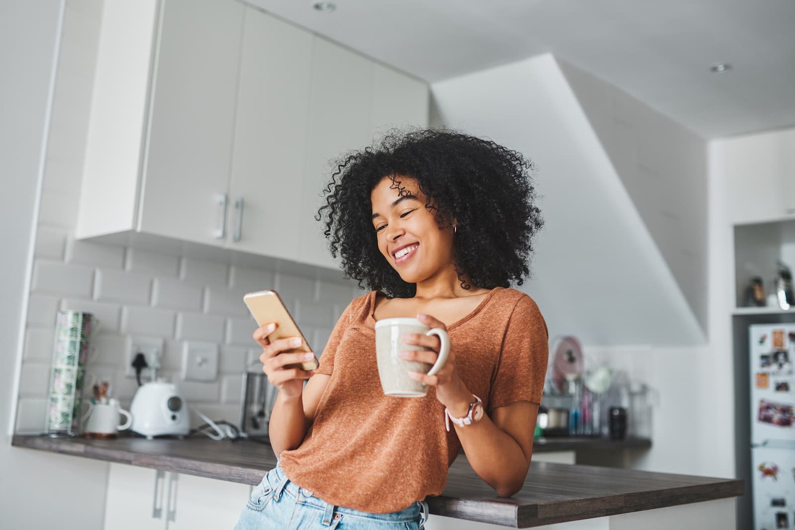 woman using her 5g cell phone to chat and surf the net