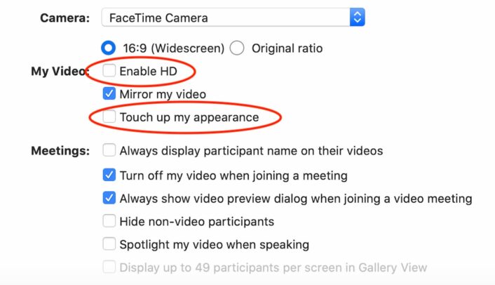 screenshot of enable hd and touch up my appearance options on zoom