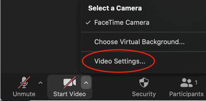 screenshot of video settings menu on zoom