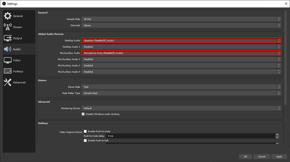 OBS Studio audio settings