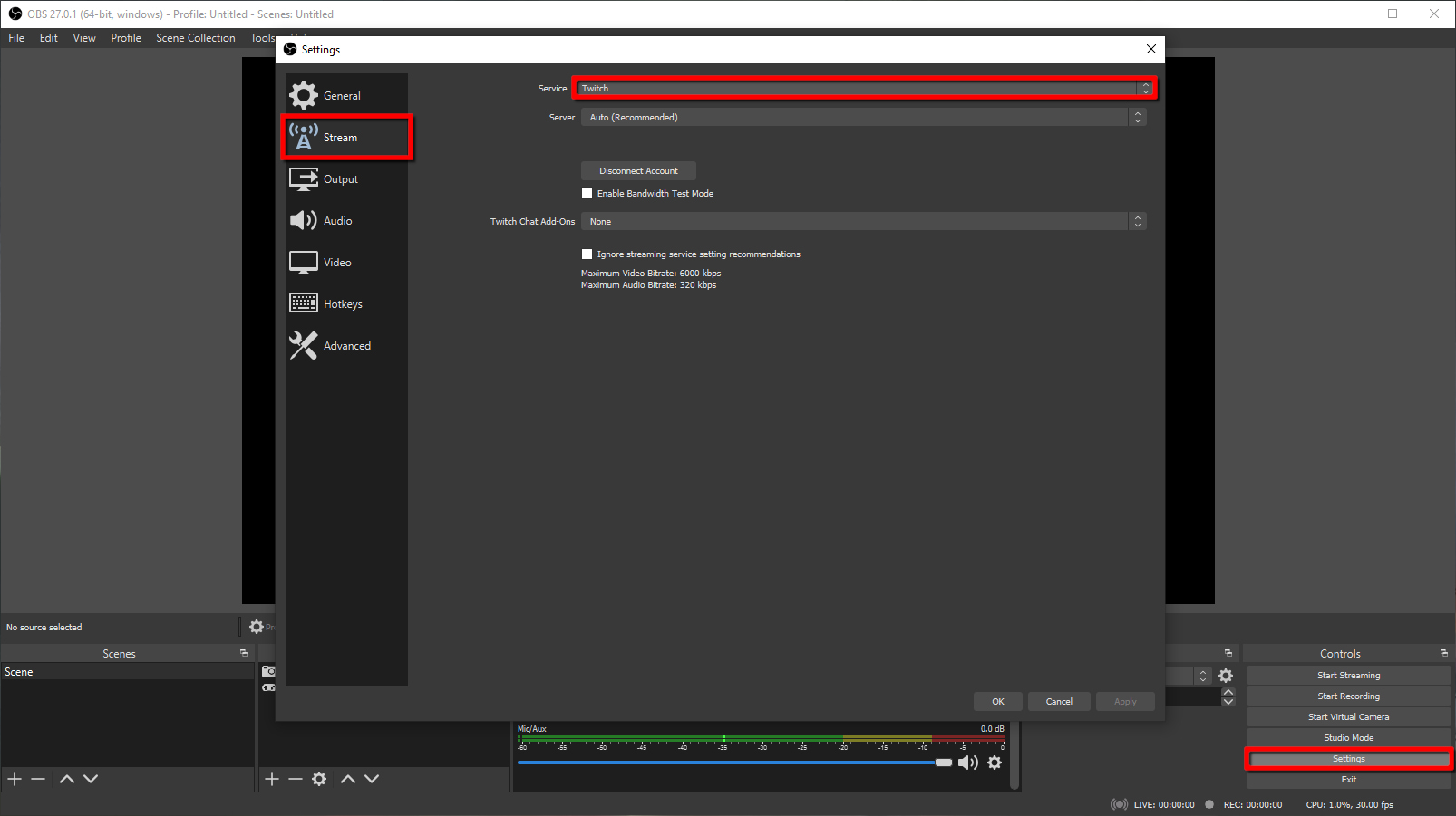 OBS Studio select Twitch
