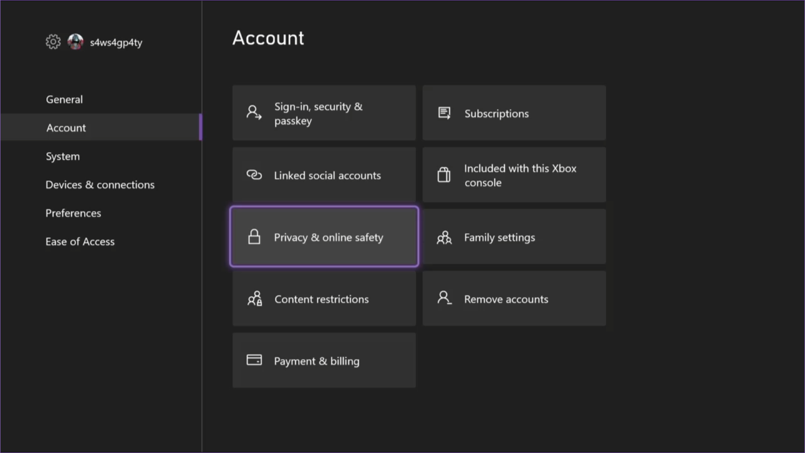 Xbox access privacy and online safety settings