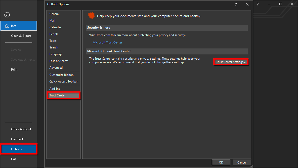 Outlook Trust Center Settings