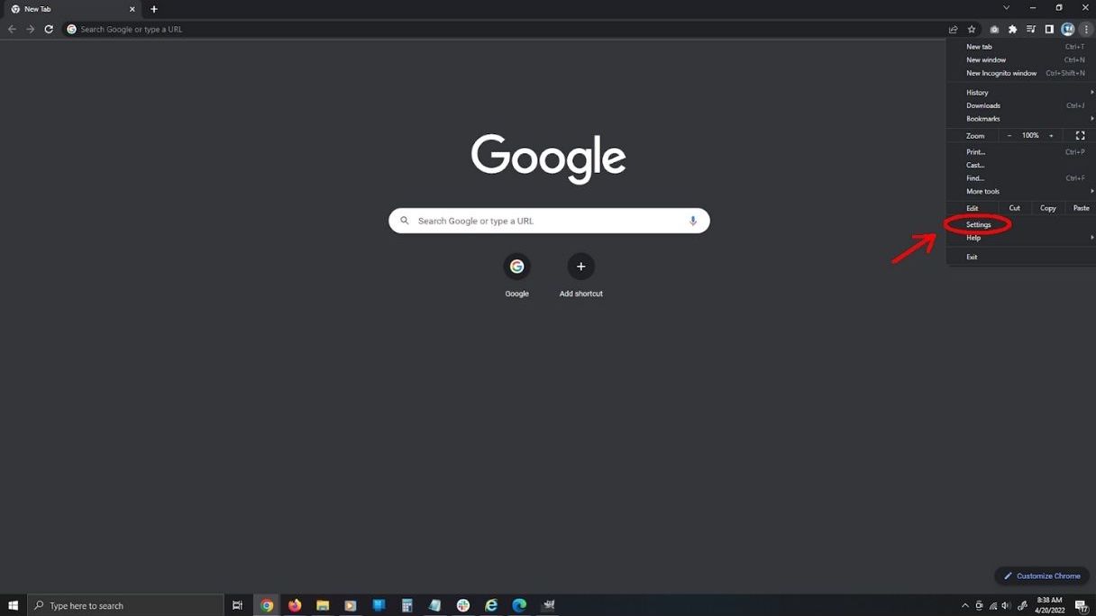 Screenshot of Google Chrome showing the Settings option in the menu