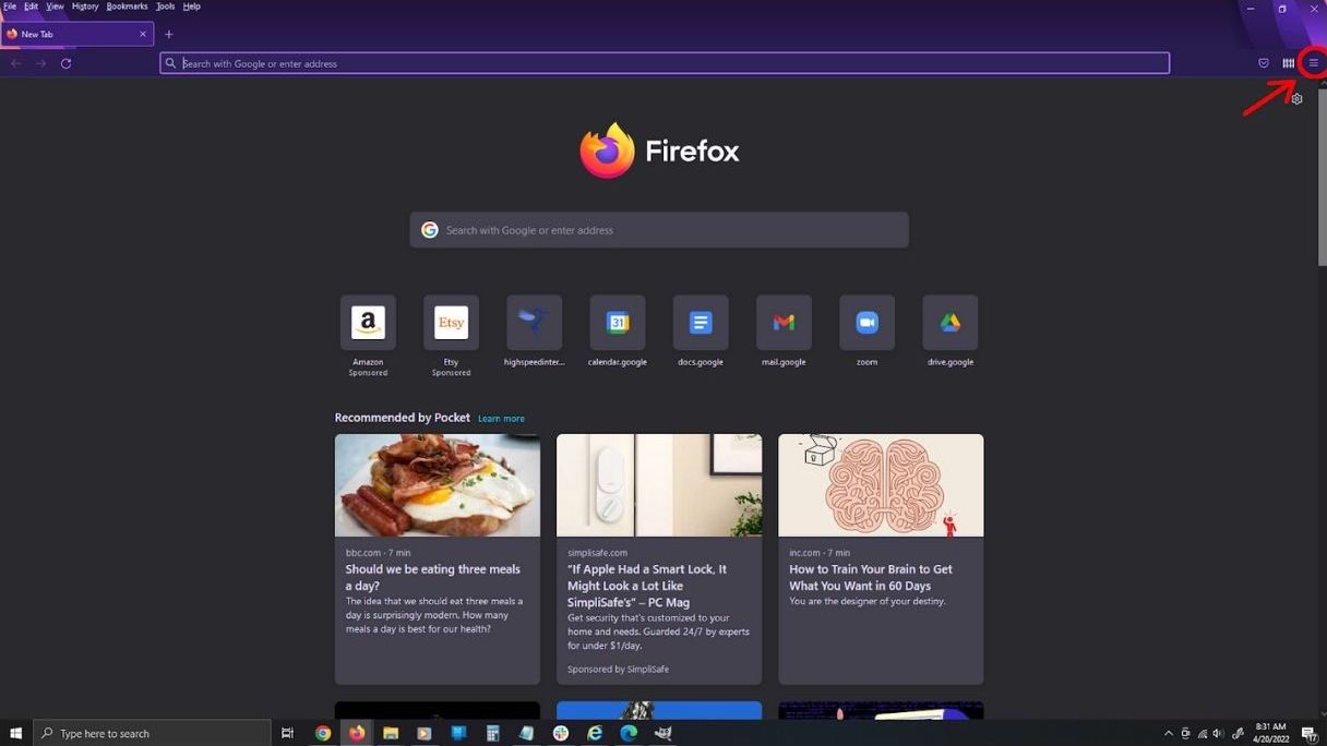 Screenshot of Firefox showing the Menu in the top right corner
