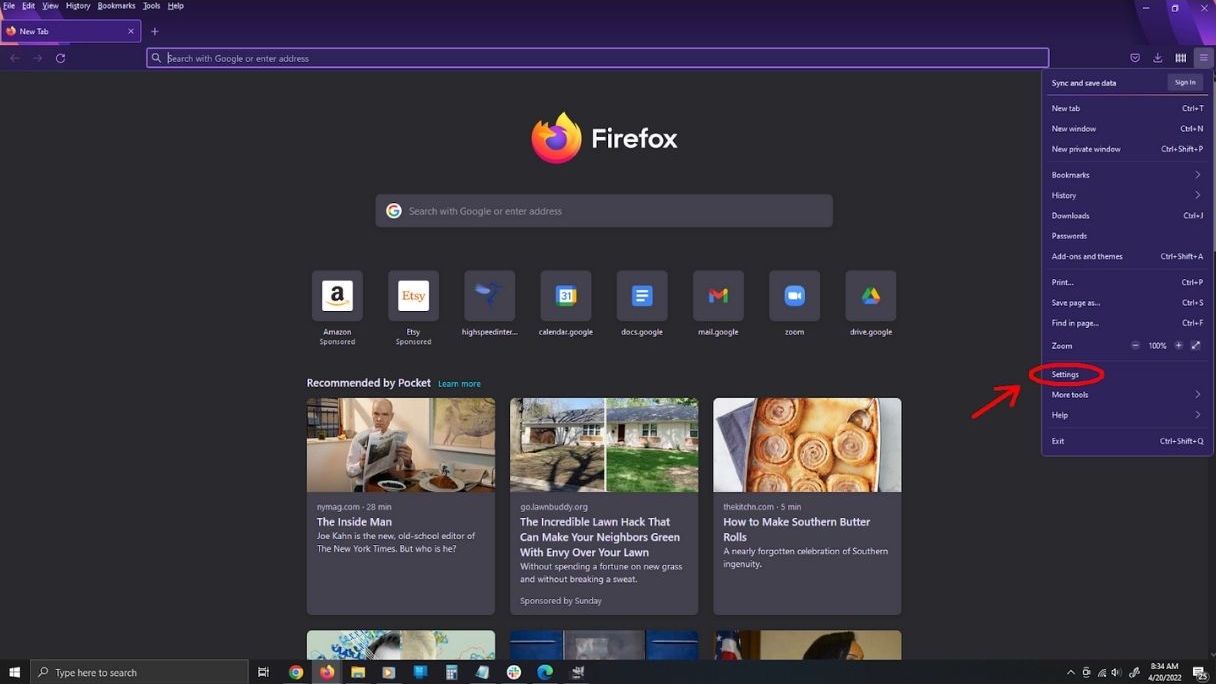 Screenshot of Firefox showing the Settings option in the menu
