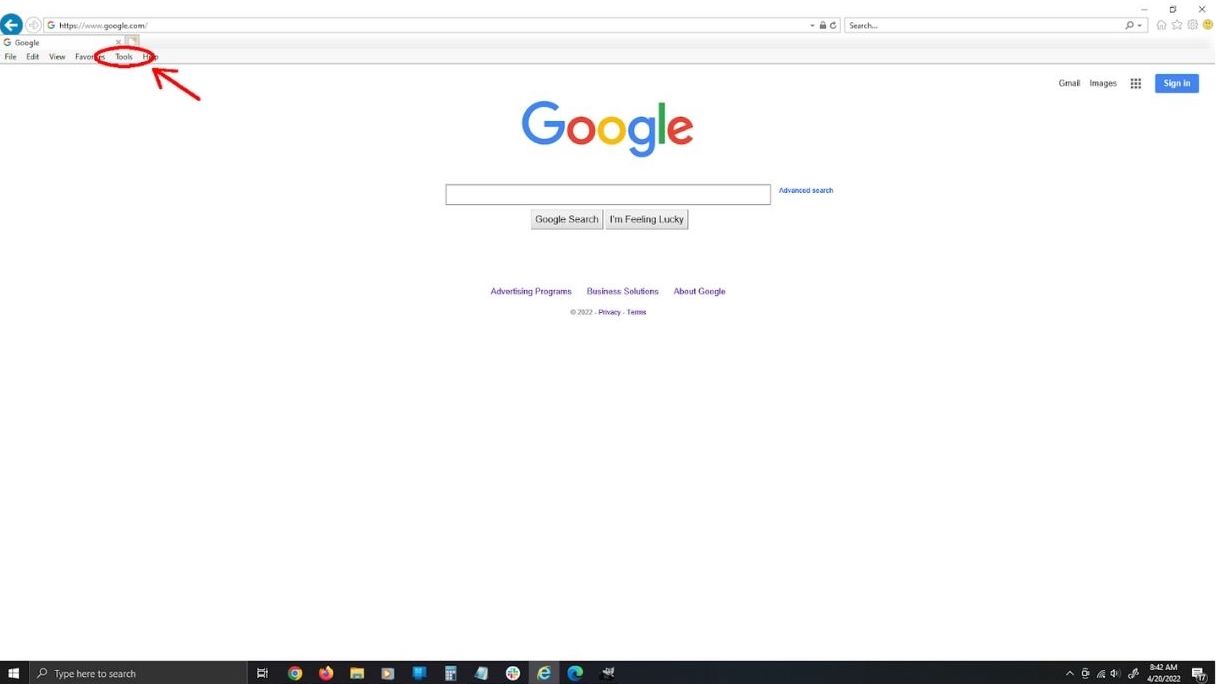 Screenshot of Internet Explorer showing Tools menu in top left