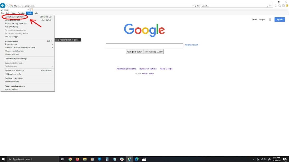 Screenshot of Internet Explorer showing Delete browsing history in the menu