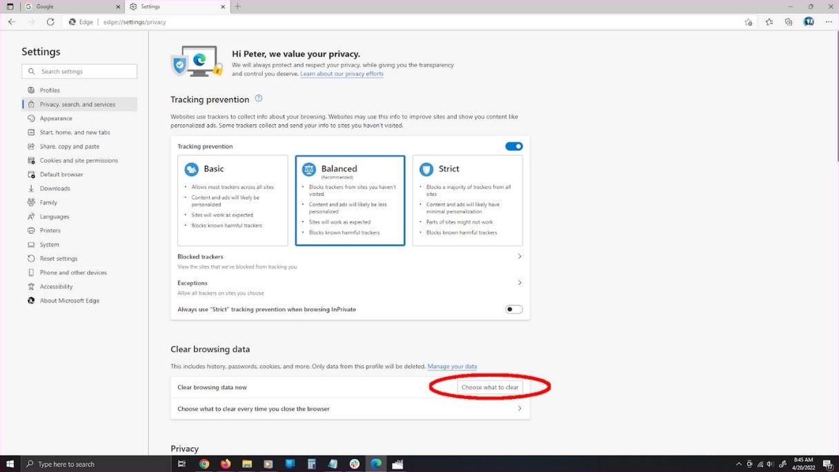 Screenshot of Microsoft Edge showing button to Clear browsing data