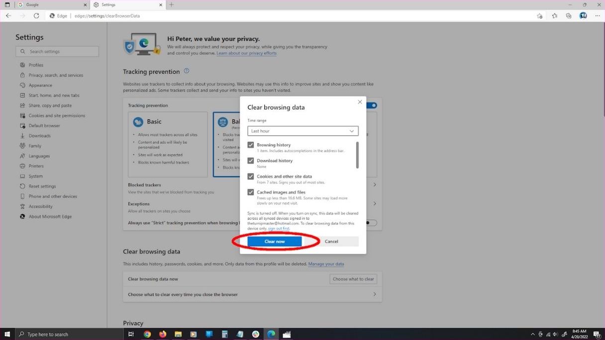 Screenshot of Microsoft Edge showing dialogue box to clear data