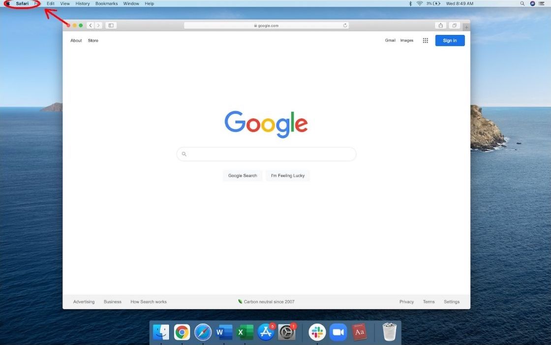 Screenshot of Safari showing menu in top left