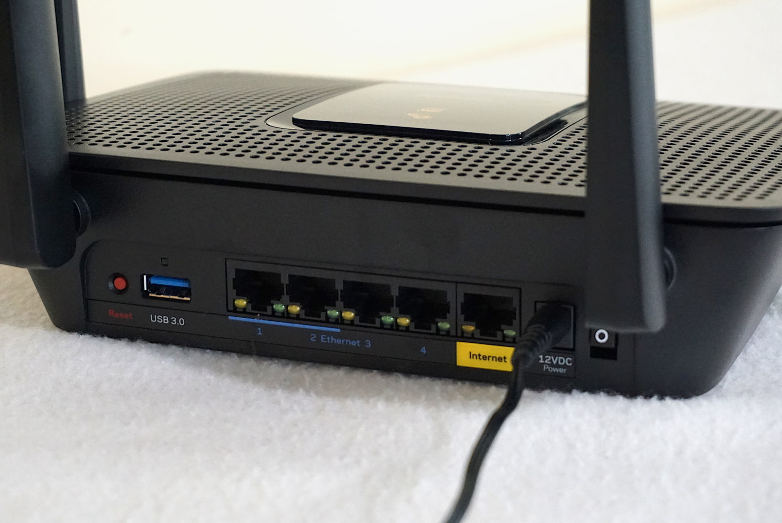 Rear of Linksys EA8300 router showing ethernet ports and USB port