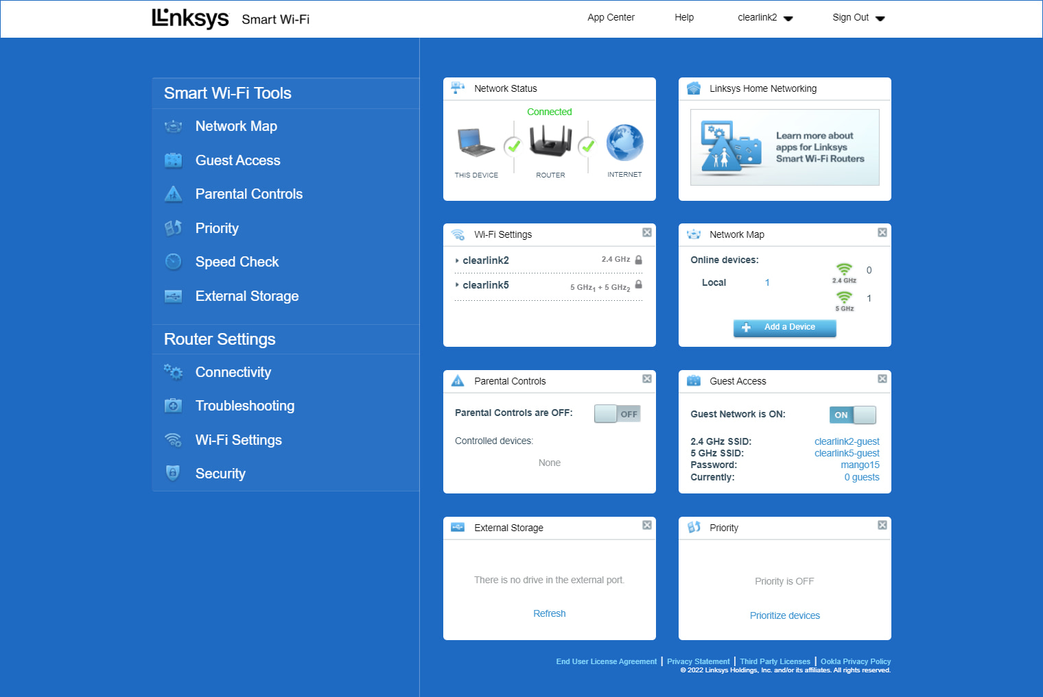Blue and white web interface for the Linksys EA8300 router