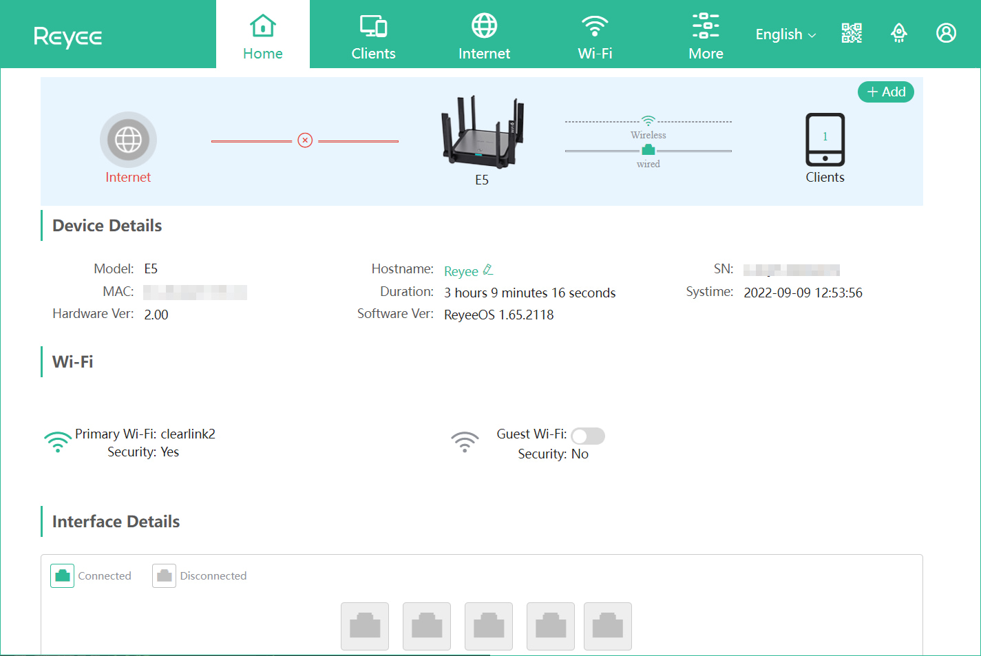 Web interface of Reyee RG-E5 router