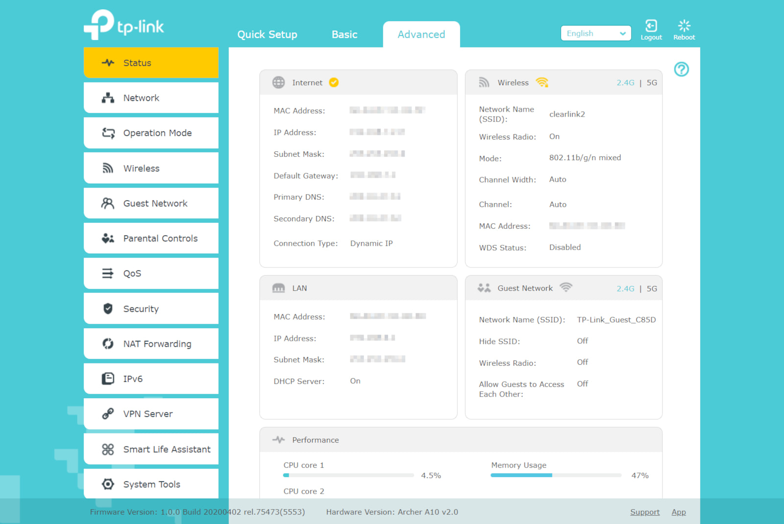 Web interface of TP-Link Archer A10