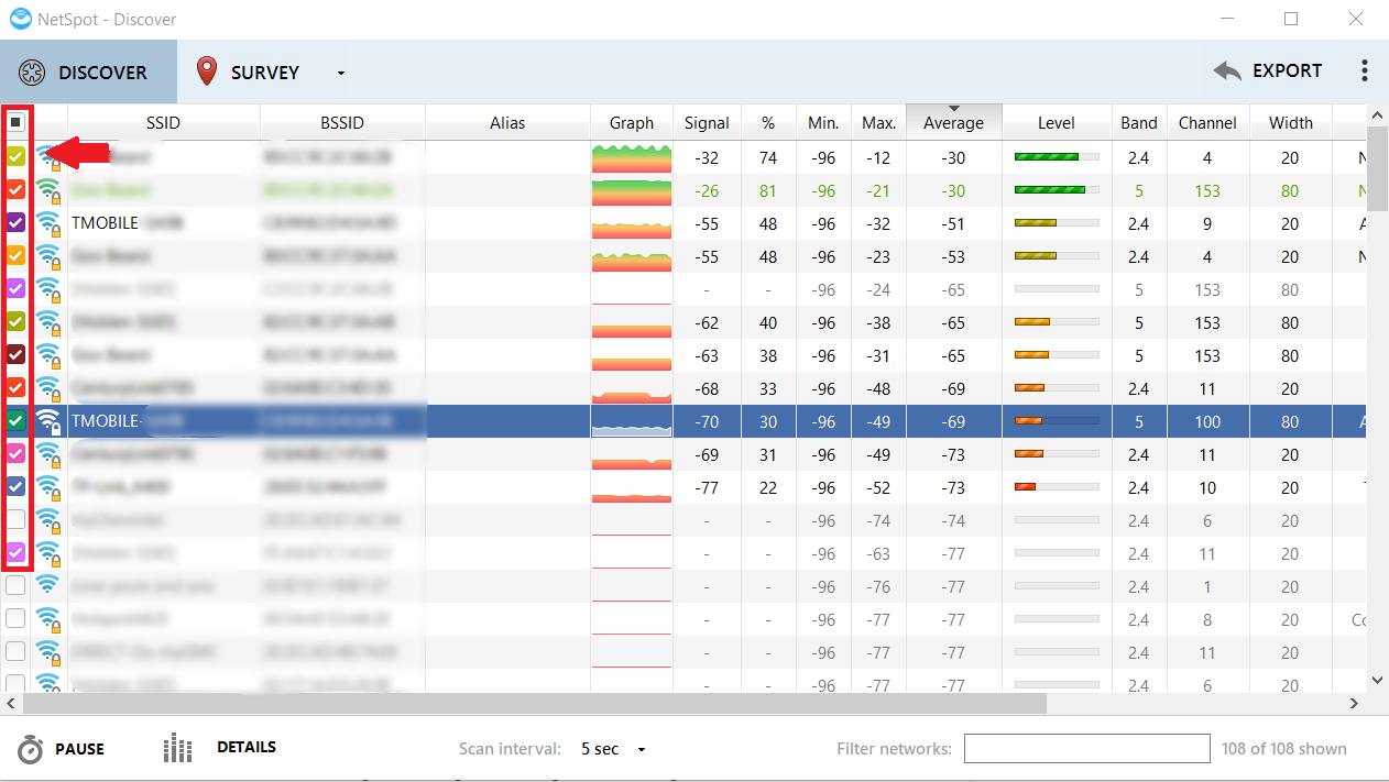 Use the checkboxes to select Wi-Fi networks.