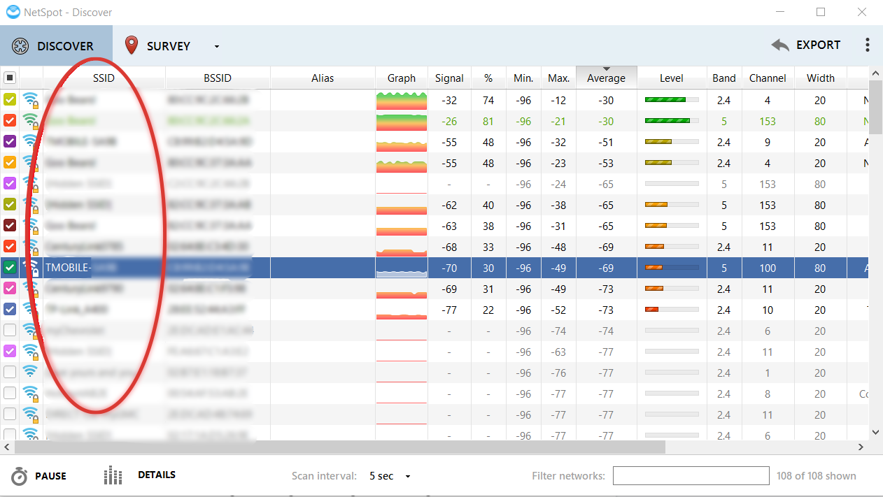 View networks in the SSID column