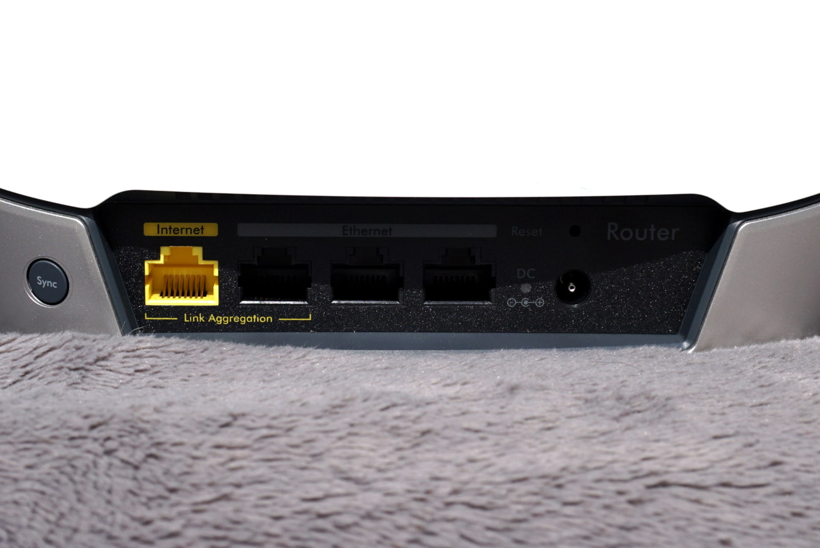Router ports on rear of NETGEAR Orbi RBK752 router unit