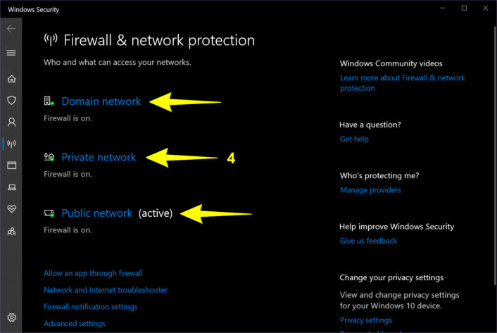 Firewall menu has options for Domain network, private network, and public network