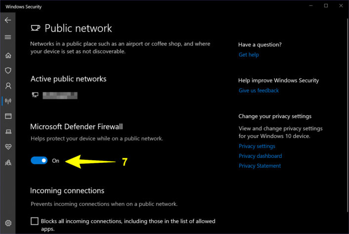 Turn the firewall on and off with the toggle below Microsoft Defender Firewall