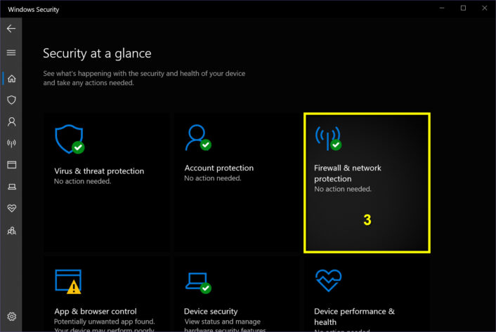 Firewall settings tile in Security menu