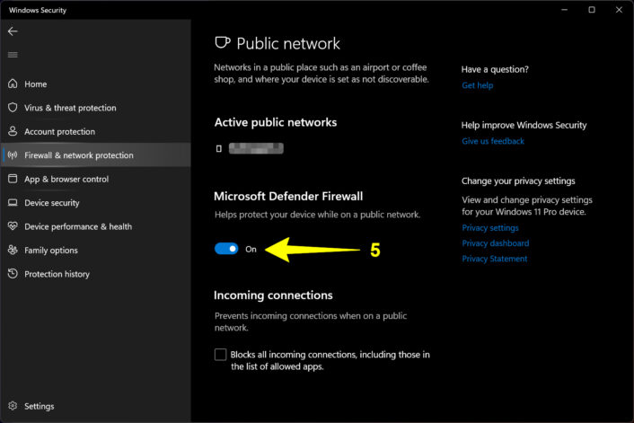 Toggle the firewall on and off in the Public network menu