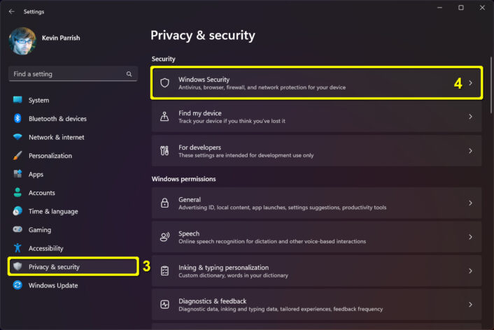 Privacy and security menu on Windows 11