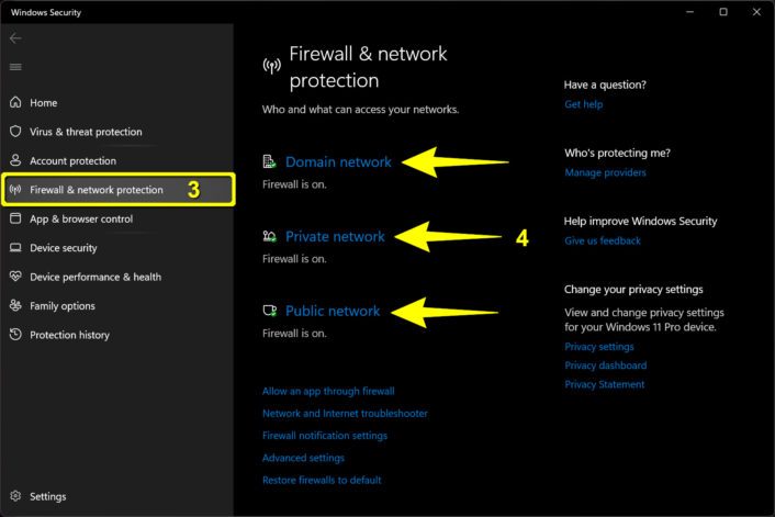 Firewall and network protection menu shows options for network type