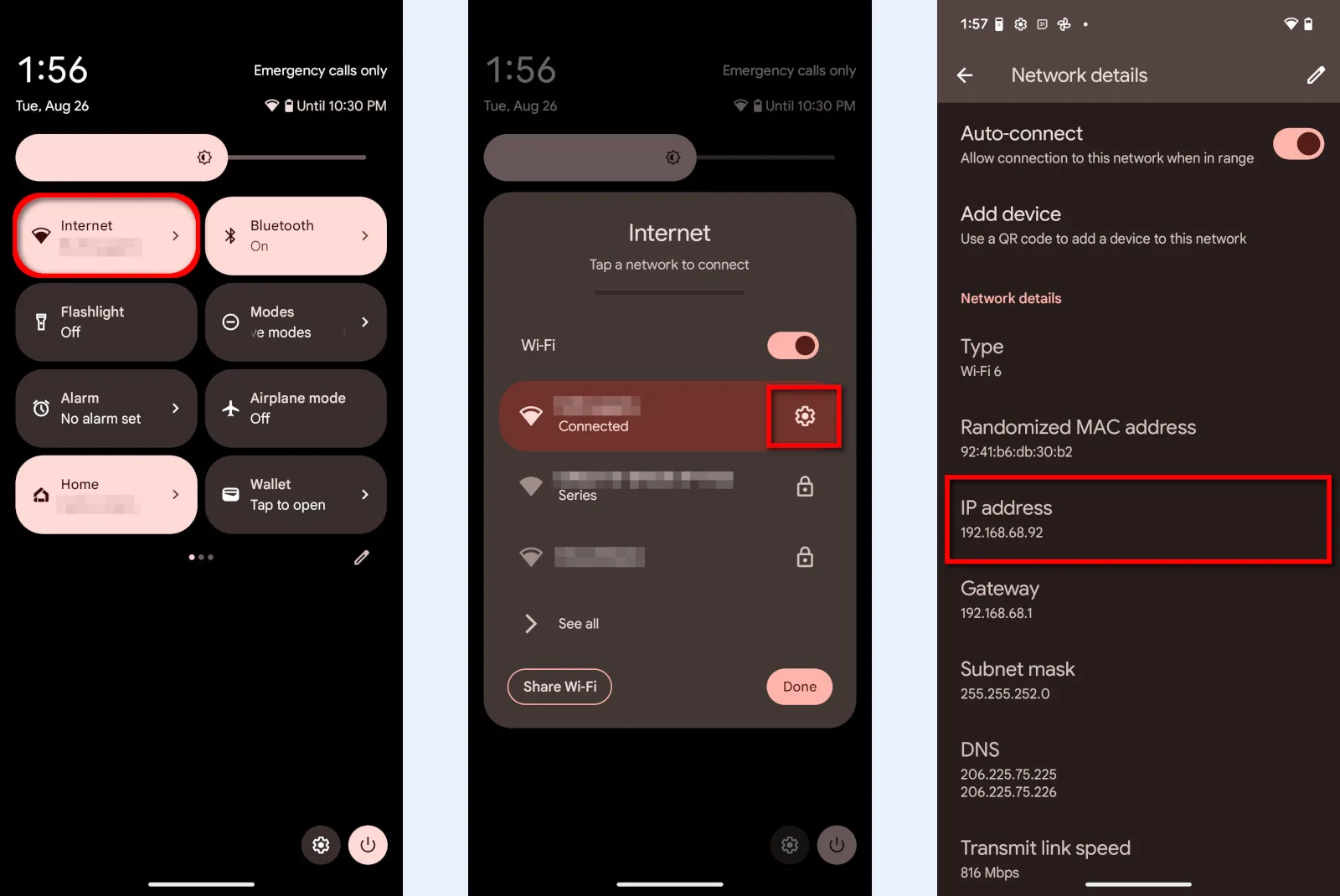 Screenshots showing how to view IP-address on an Android device