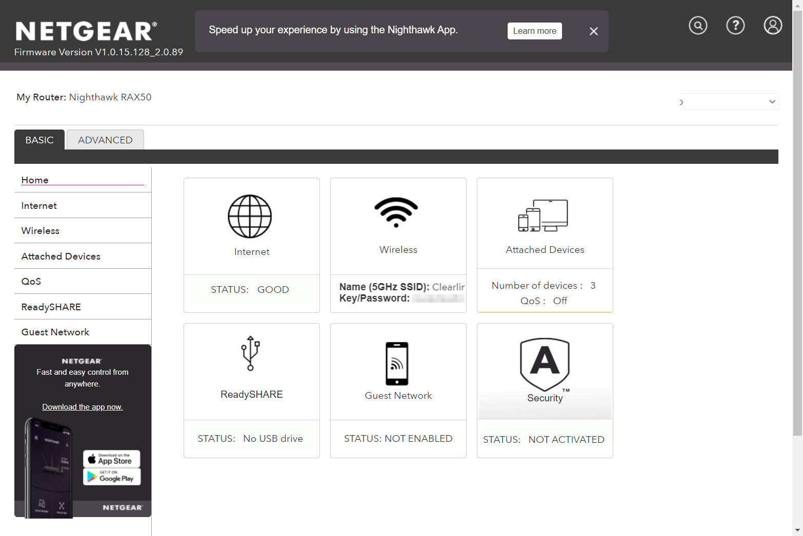 Web interface of Nighthawk RAX50 router