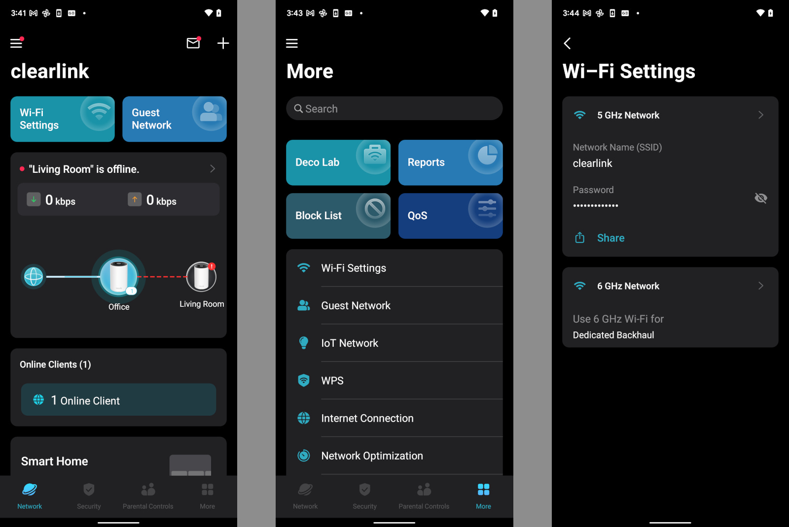 Screenshots of Deco XE75 Pro app interface