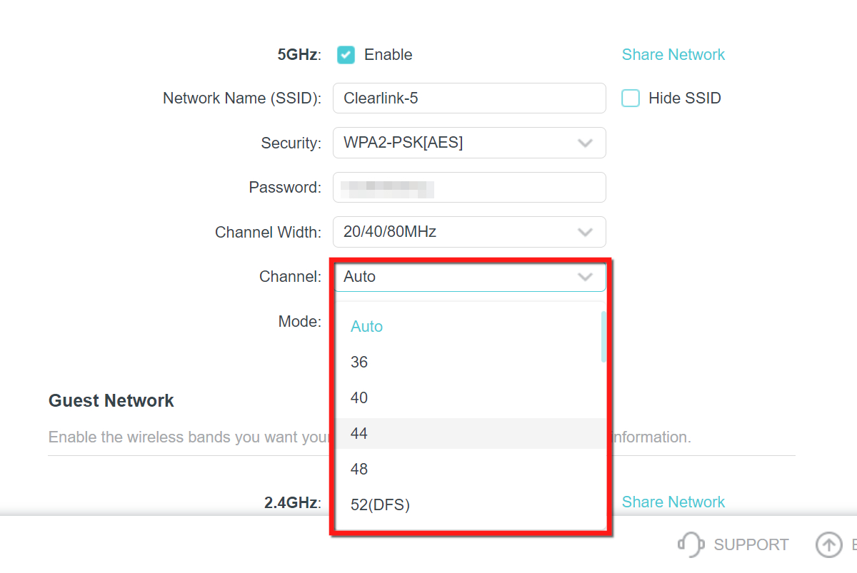 screenshot of tplink channel setup