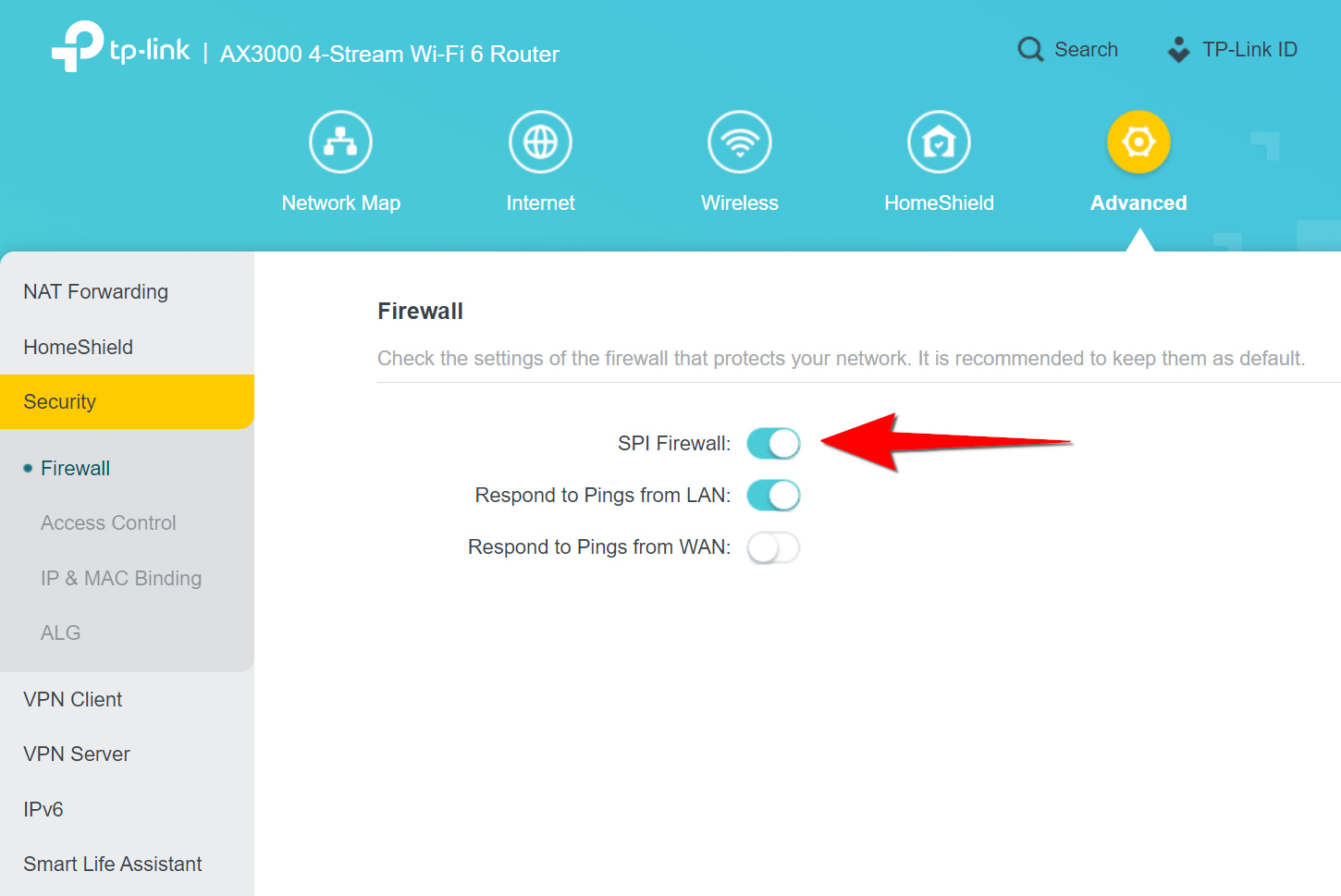 tplink-default-firewall-setting screenshot of firewall settings