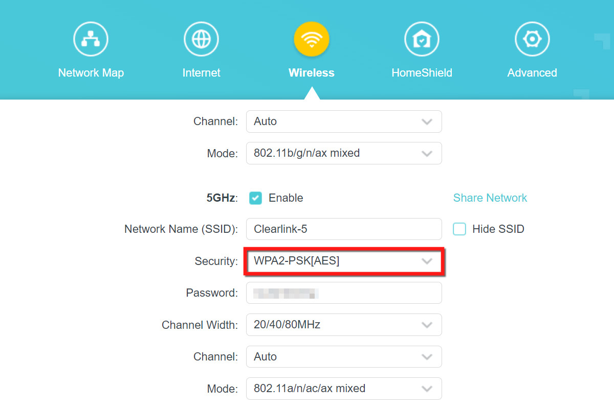 screenshot of default security settings for tplink