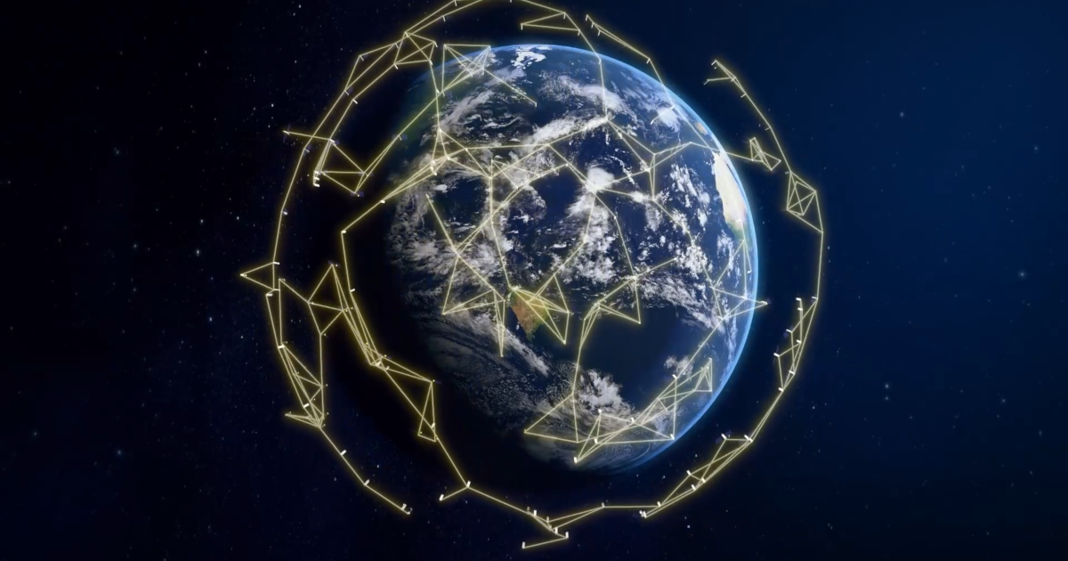 Telesat graphic showing lightspeed satellites connected via optical links around Earth