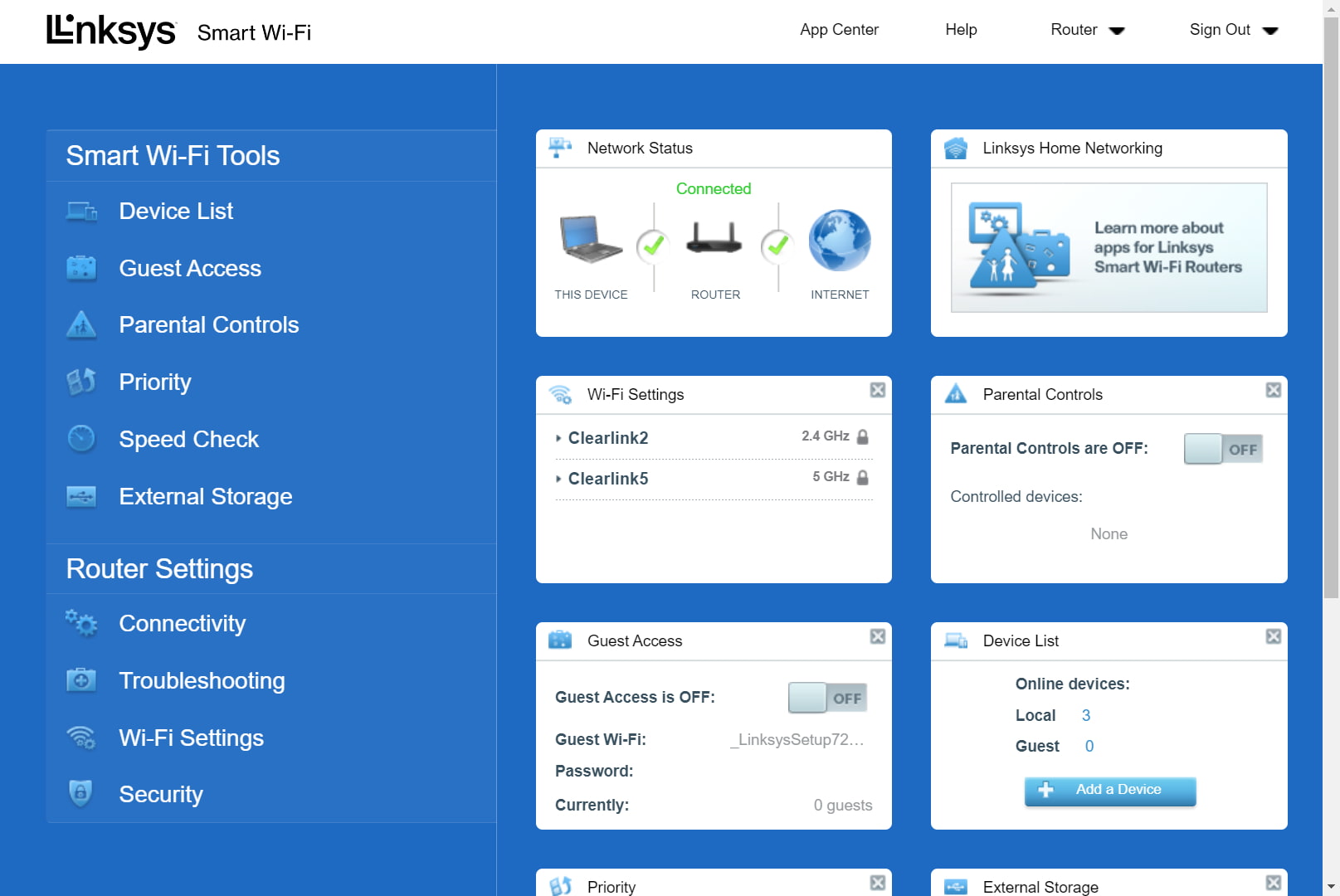 Screenshot of Linksys Smart Wi-Fi web interface