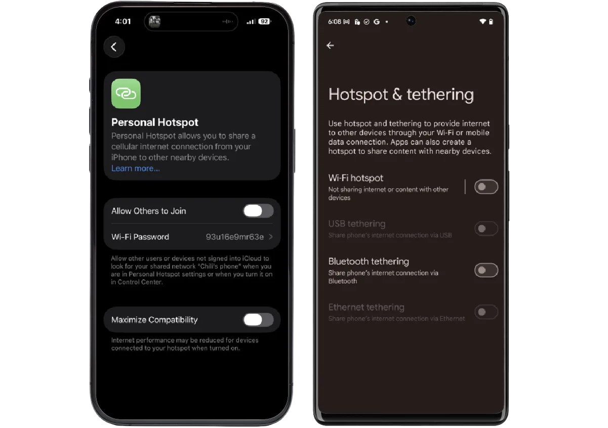 screenshots of personal hotspot and tethering functionality on an iPhone and a Google Pixel phone