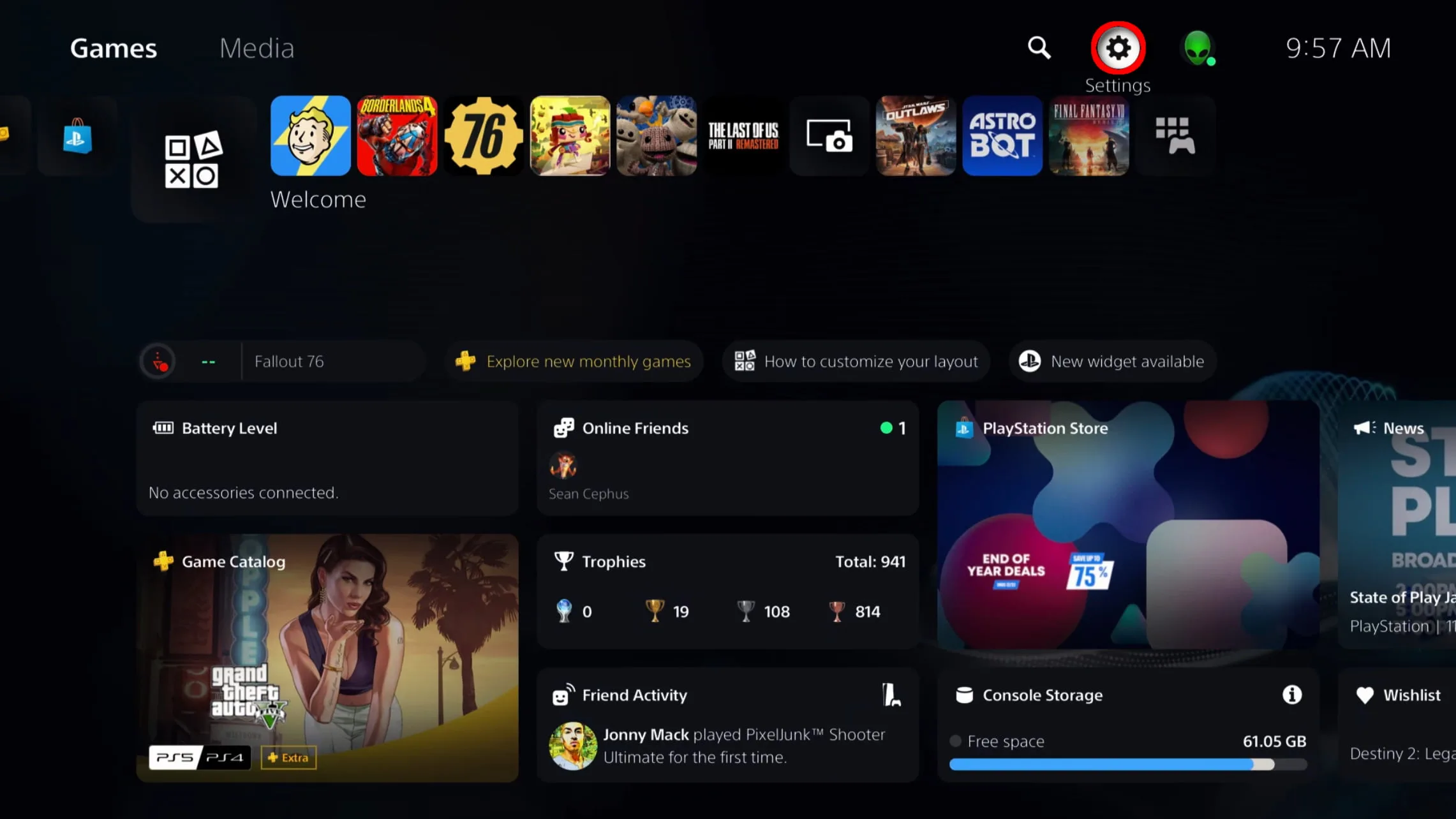playstation-5-access-settings Screenshot of PS5 with Settings button outlined in red