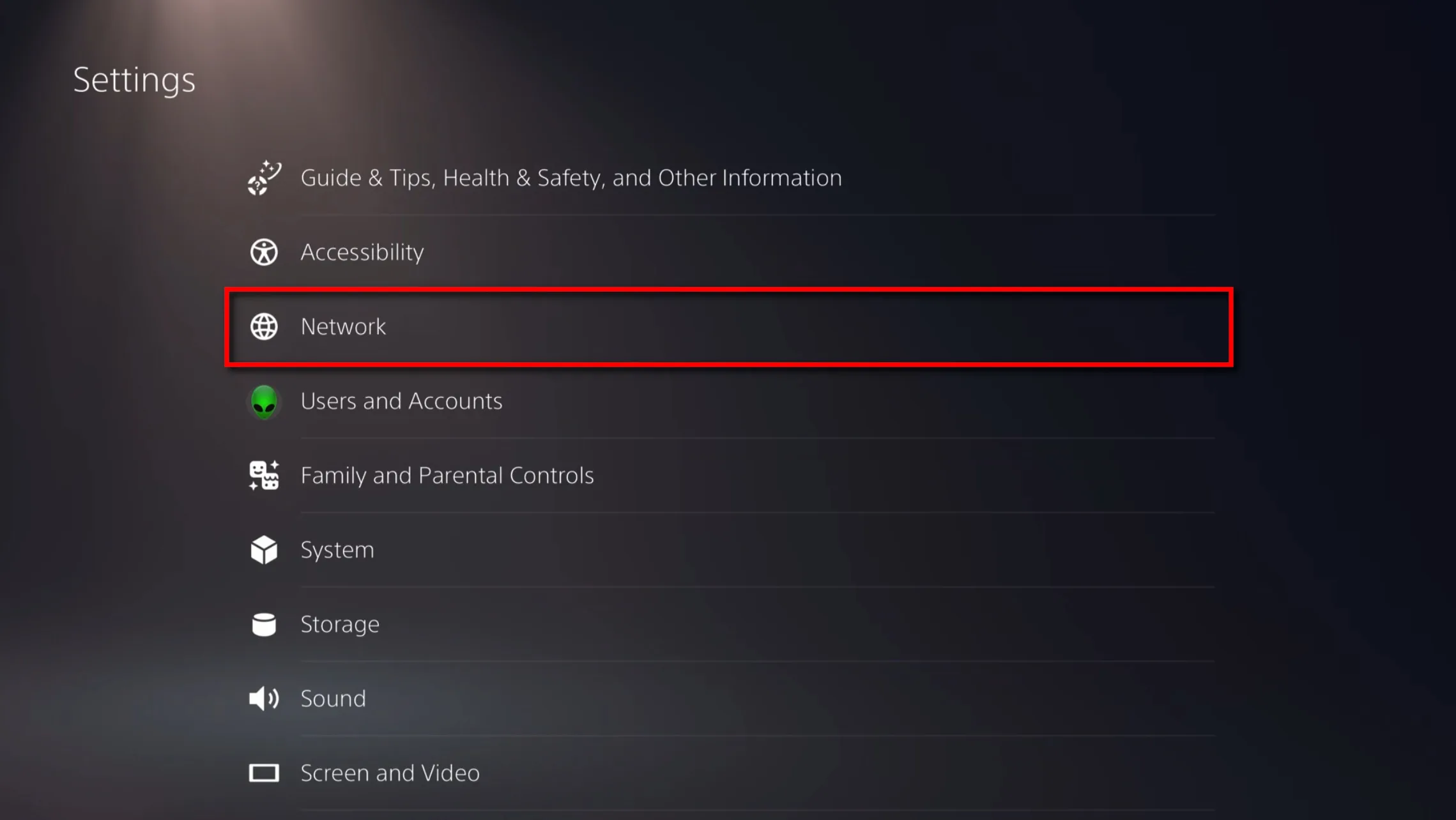 playstation-5-network-settings PS5 settings options with Network selection outlined in red
