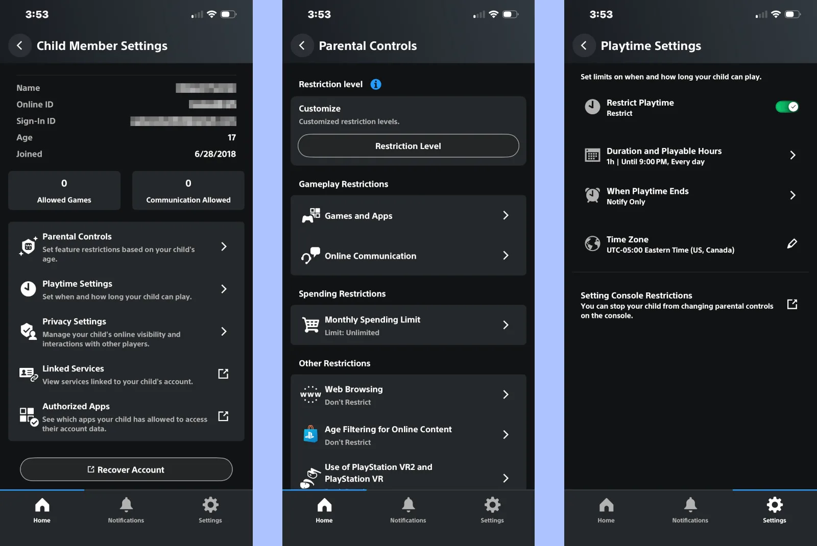 Screenshots of Playstation Family App