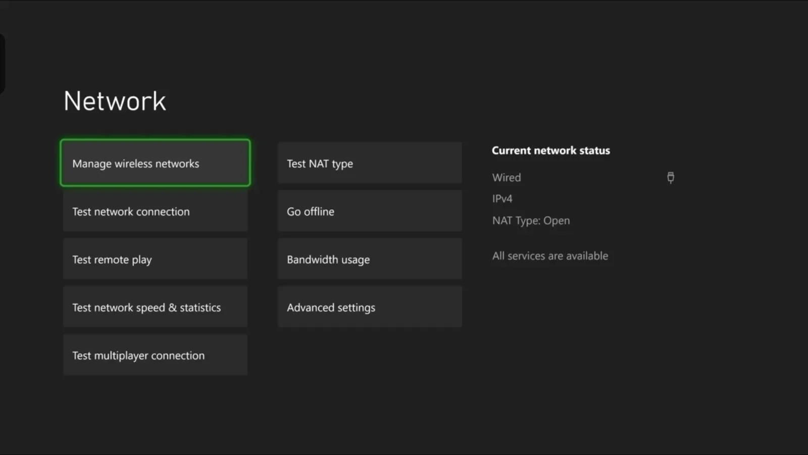 Screenshot Xbox Network menu with Manage wireless networks outlined in green
