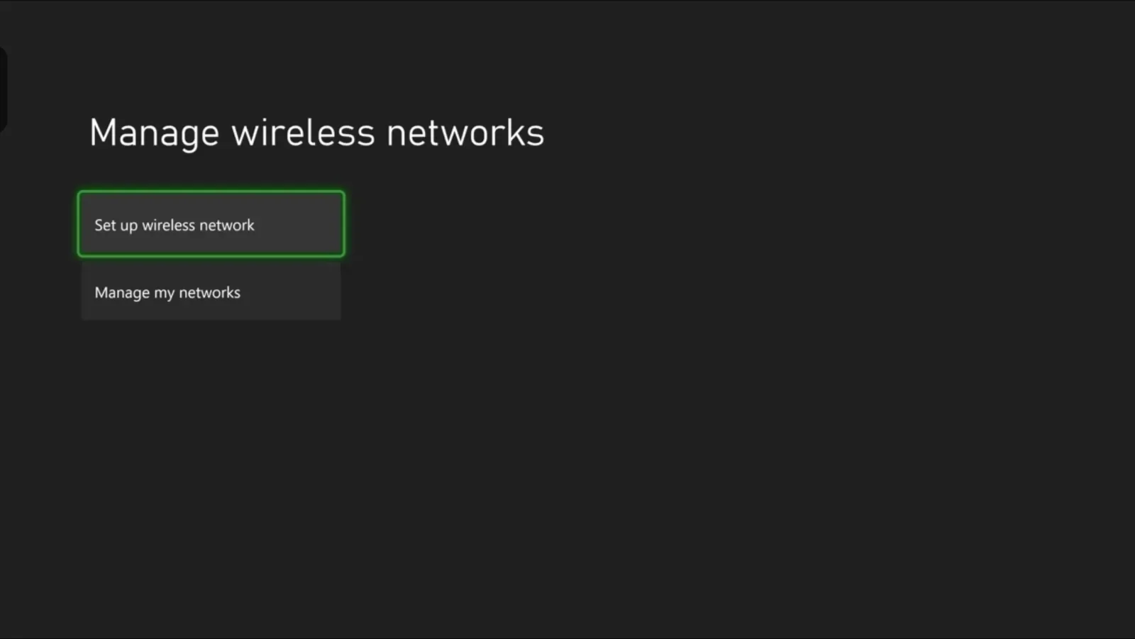 Screenshot Screenshot of Xbox Wireless networks menu with Set up button outlined in green