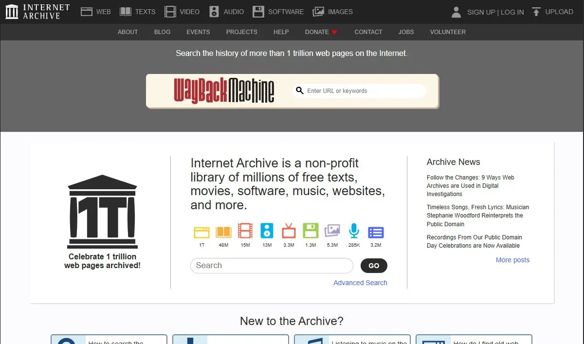 A screenshot of the Internet Archive Homepage, showing the Wayback Machine search bar.