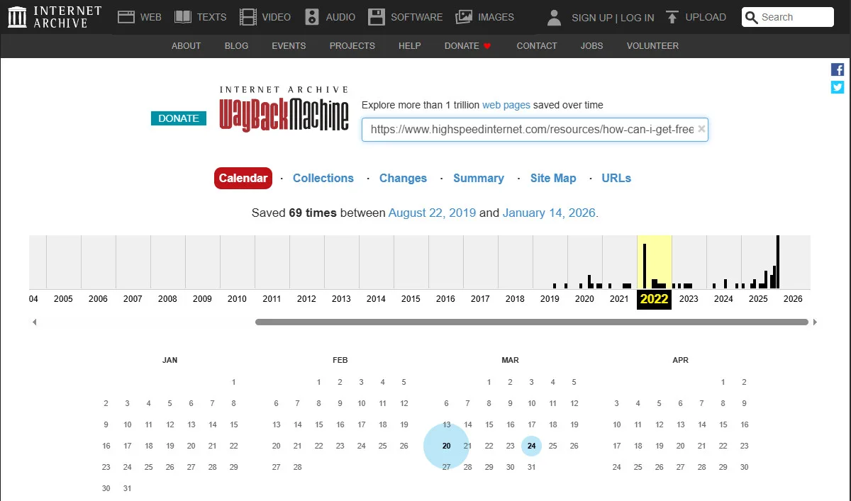 A screenshot of the Internet Archive Wayback Machine, showing a timeline of the snapshots of a page over the years and a calendar of the dates the page was recorded.