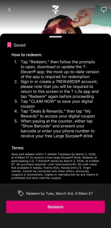 Directions for how to redeem Slurpee reward for T-Mobile Tuesdays