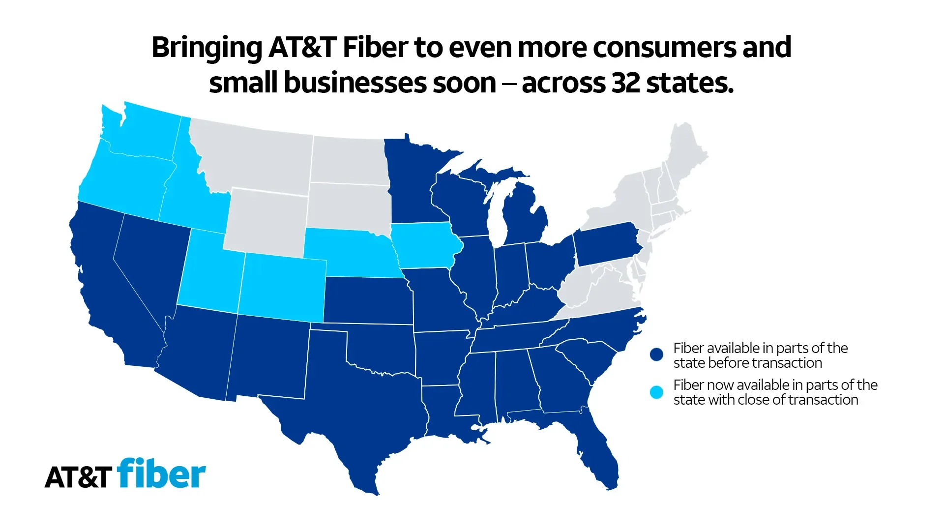 AT&T Fiber map that shows 32 US states filled in