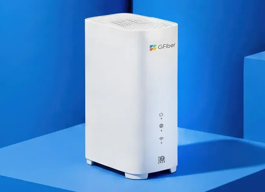 Google Fiber router on a blue surface