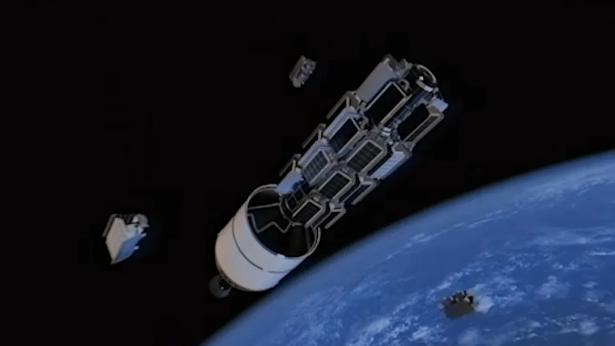 Amazon Leo satellites being deployed. Image courtesy of Amazon.