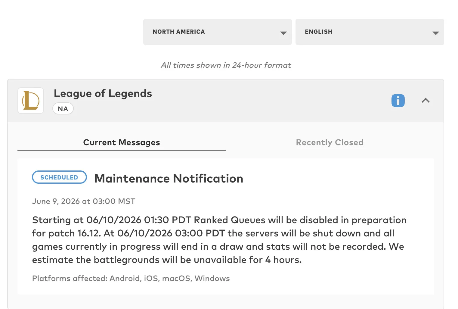 Screenshot of Riot Games status page showing League of Legends on Maintenance alert with a blue info icon.